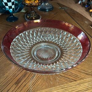 Vintage Indiana Glass Ruby Flash Band Crystal Diamond Point Bowl